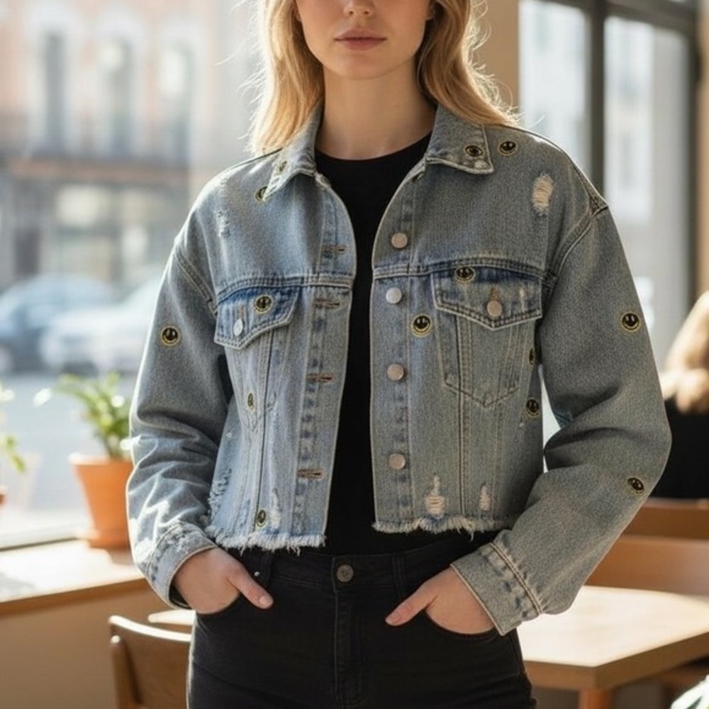 Cloud Ten Women's Size M Smiley Face Patch Cropped Denim Jean Jacket Grunge